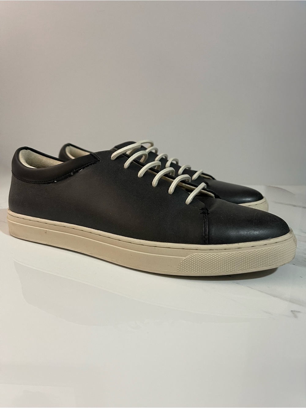 Seven91 Men's Black Leather Brown Low-Top Sneakers with Cream Sole